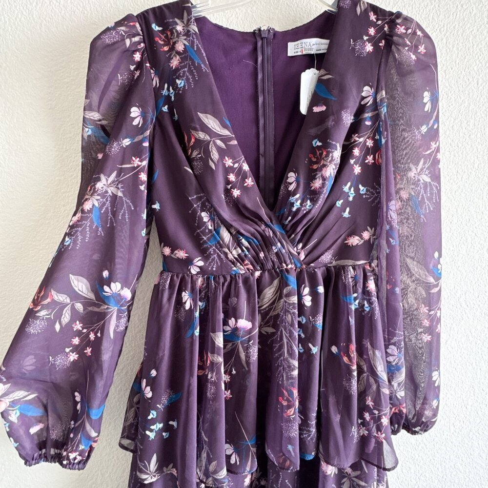 Ieena for Mac Duggal Purple Floral Long Sleeve Tiered Gown Size 0 - Picture 3 of 14